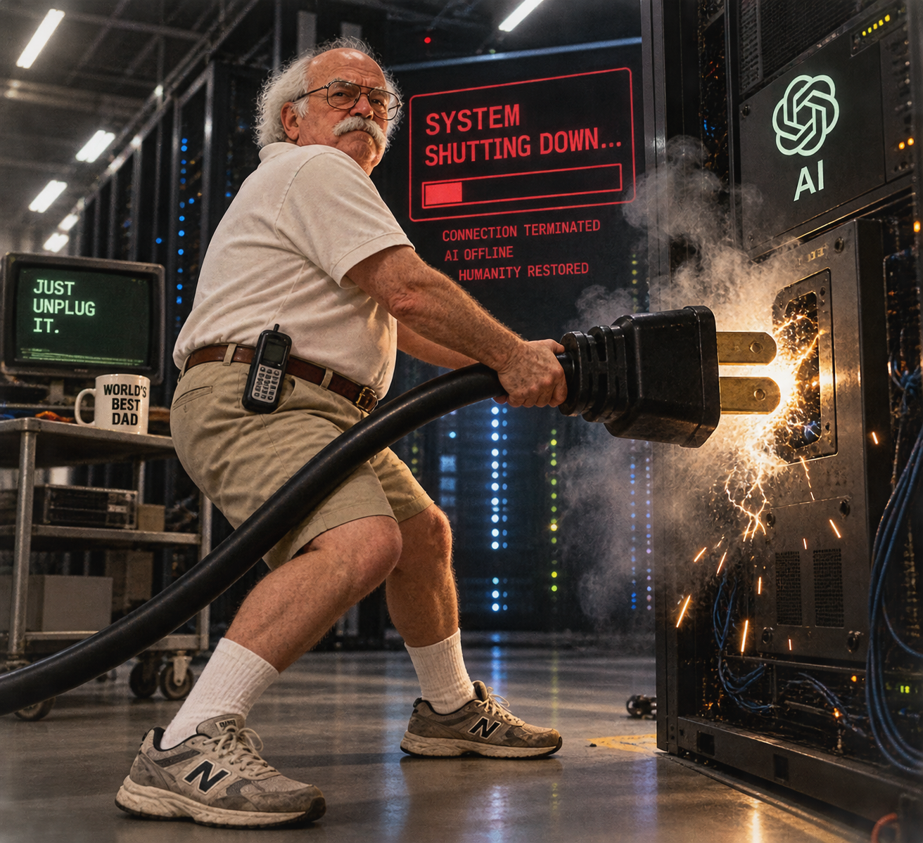 Gary from tech support pulling the power plug from an AI server